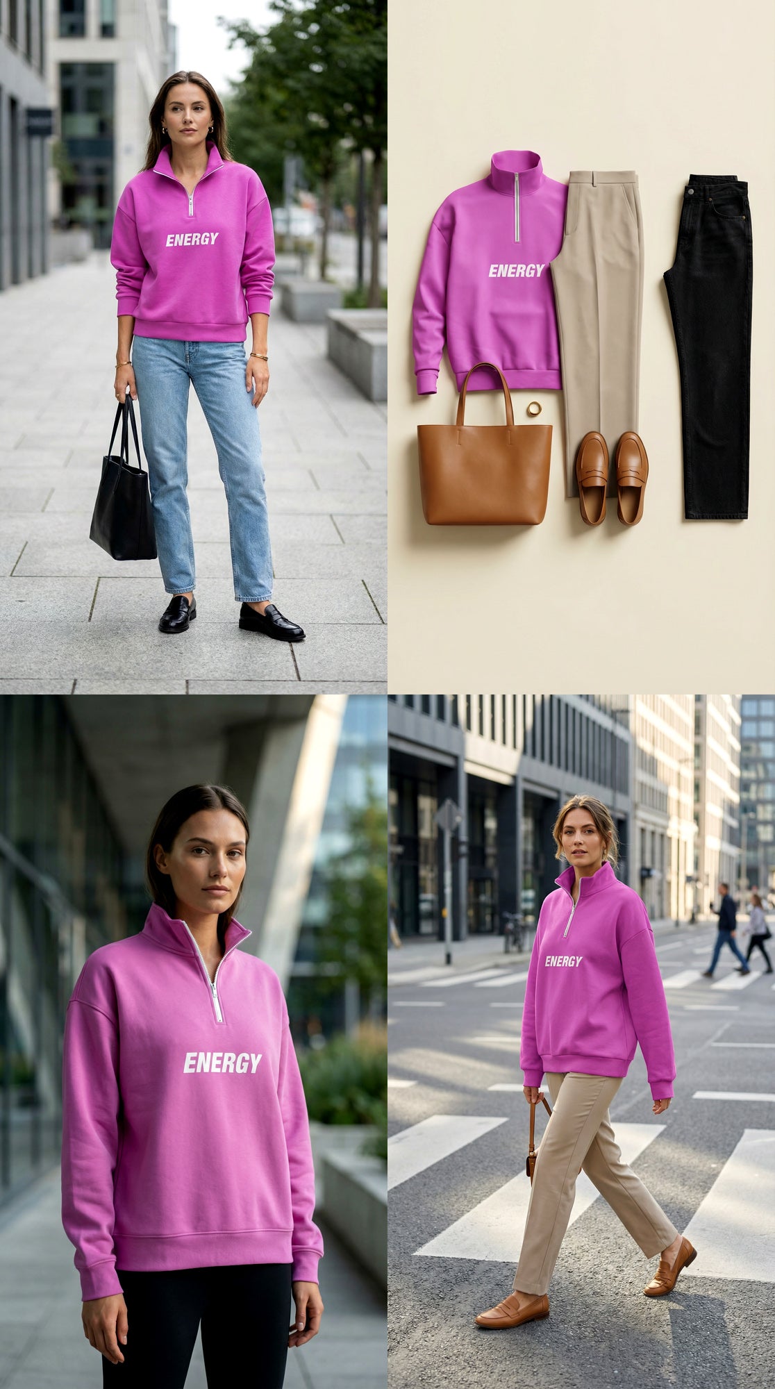 Oversized Heavy Zip Sweatshirt - ElectricFuchsia