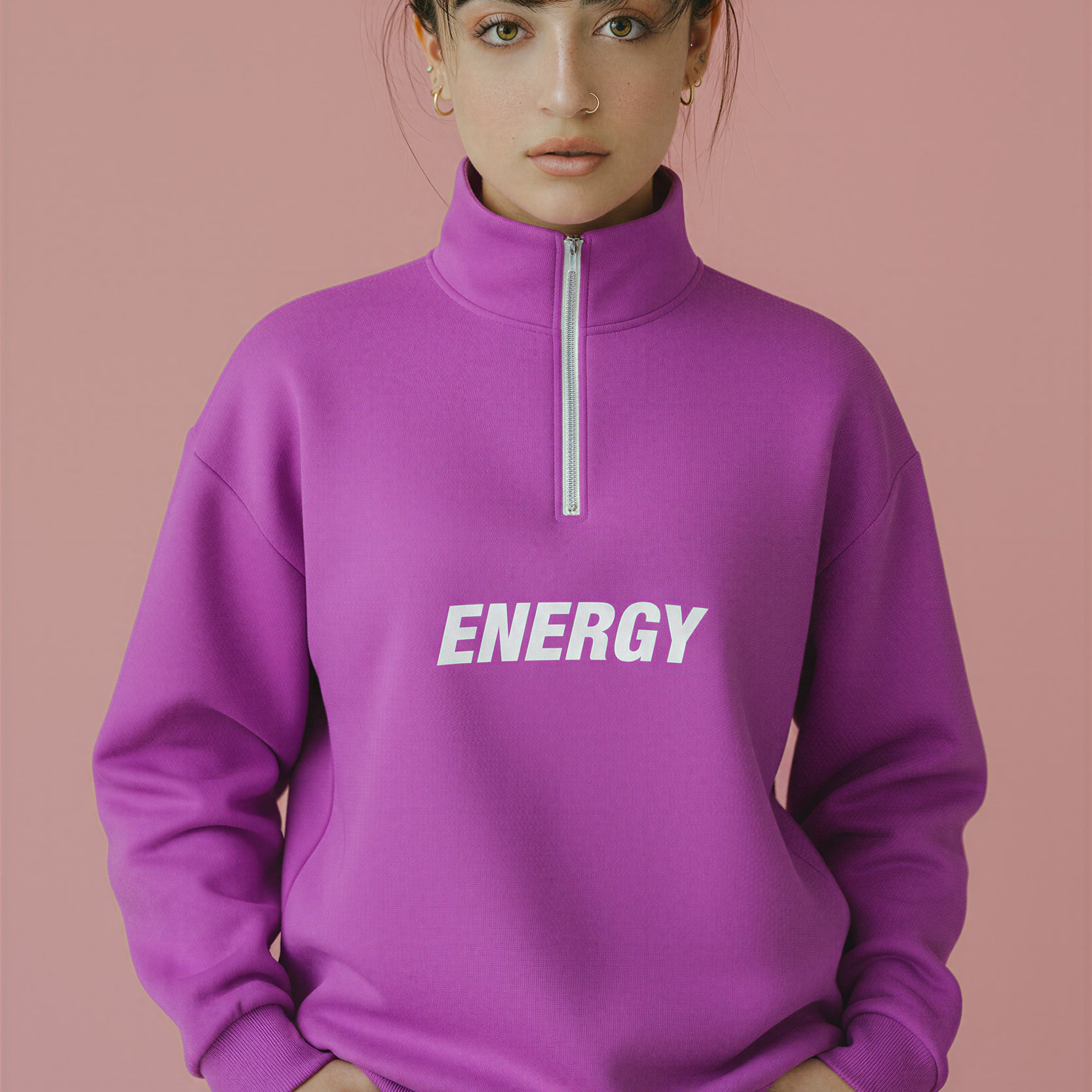 Oversized Heavy Zip Sweatshirt - ElectricFuchsia