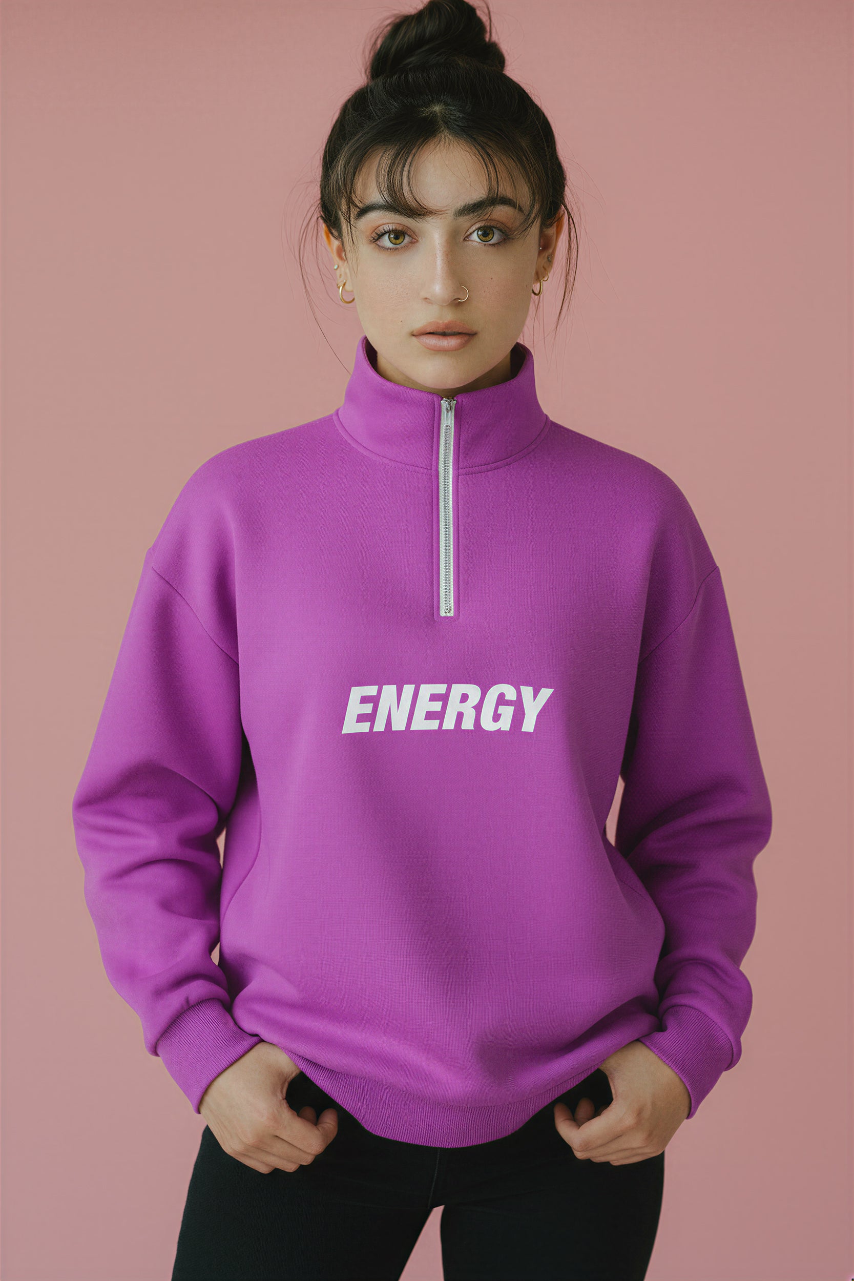 Oversized Heavy Zip Sweatshirt - ElectricFuchsia