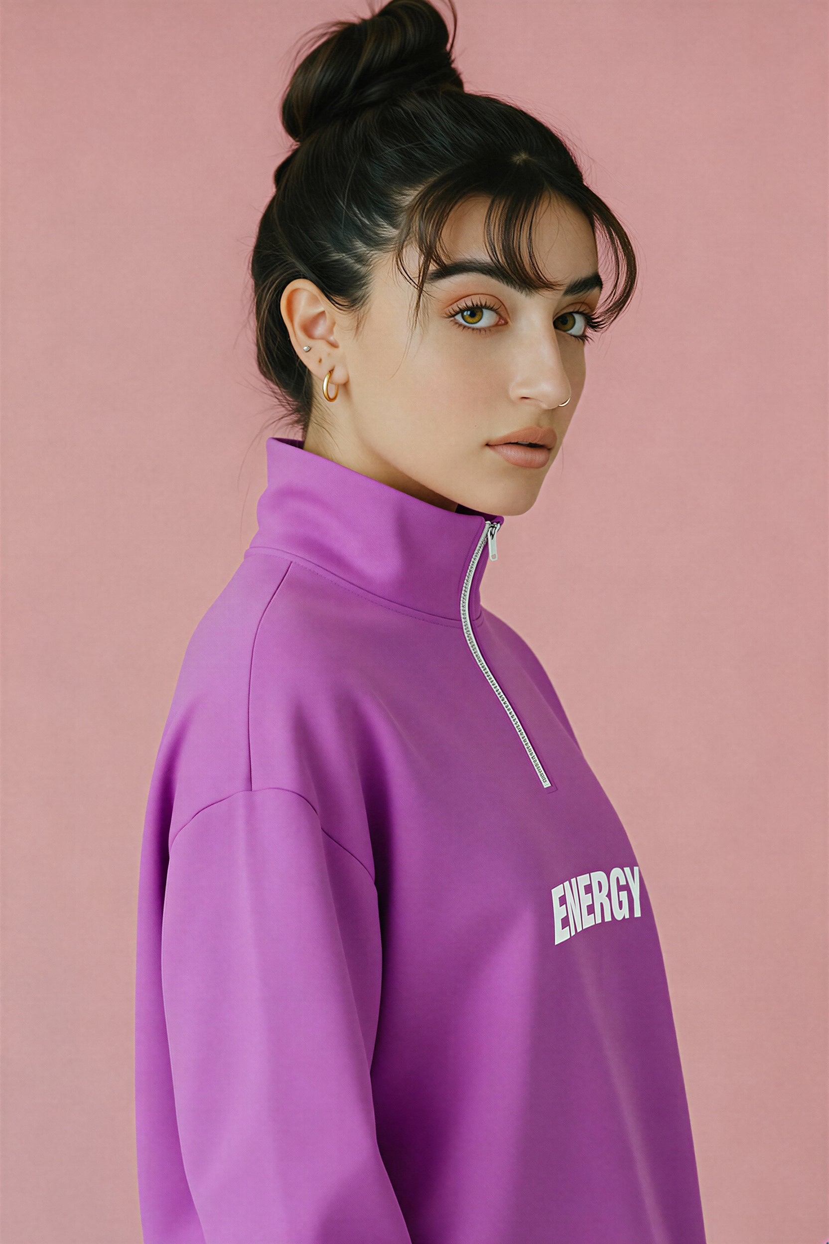 Oversized Heavy Zip Sweatshirt - ElectricFuchsia